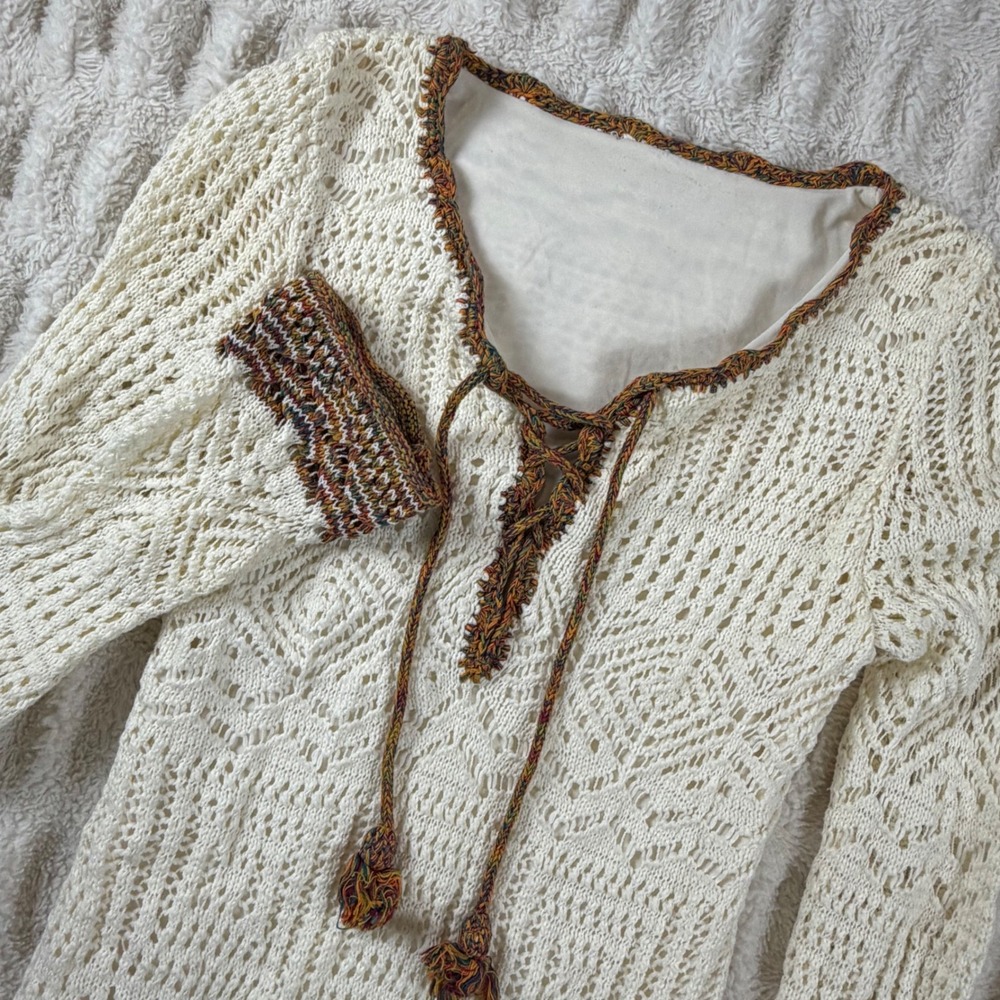 Calypso St. Barth Crochet Lace Up Maxi Dress Cream Long Sleeve Pointelle Tassel